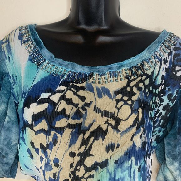 ALBERTO MAKALI Blue Art-to-Wear Mixed Media s/s Top Size L Sequin Crinkle - Picture 9 of 13